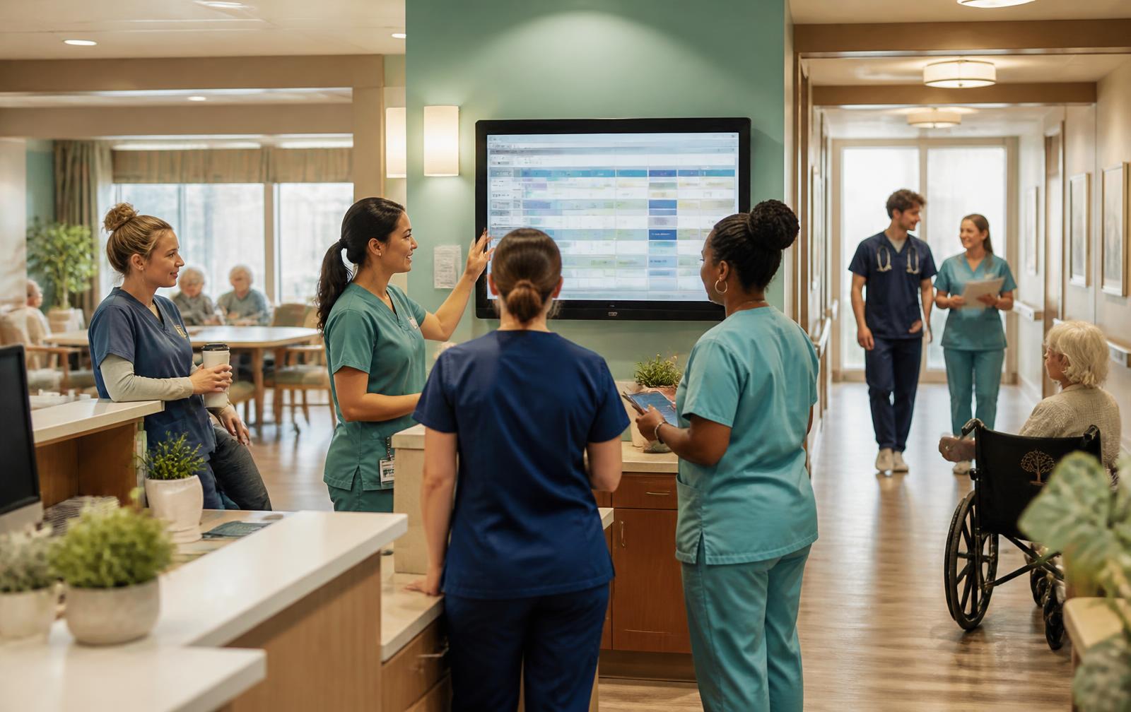 Care team reviewing a digital staffing board at shift change